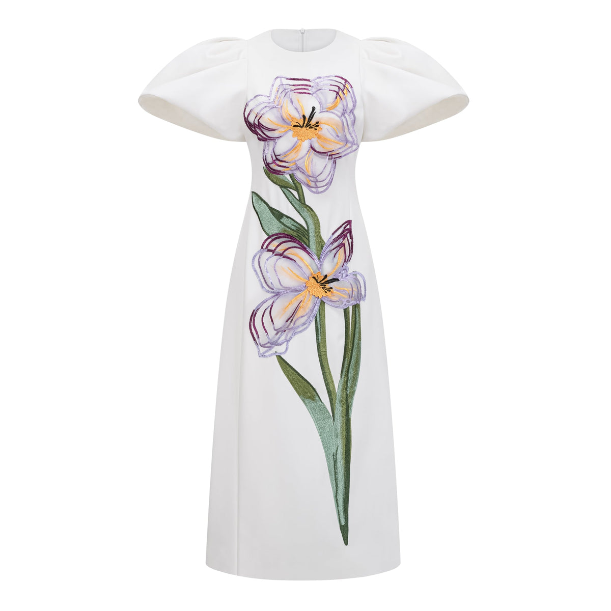Irène White Sequin Floral Embroidered Midi Dress