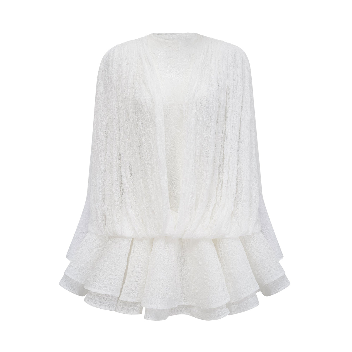 Isoline white semi-sheer lace top & shorts & dress matching set