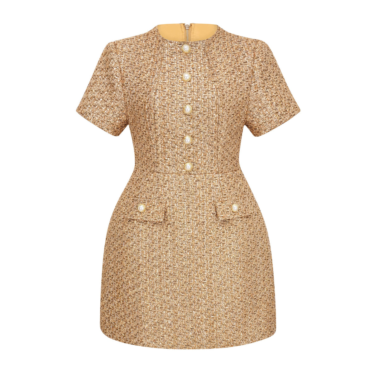 Arna Gold Round Neck Tweed Mini Dress