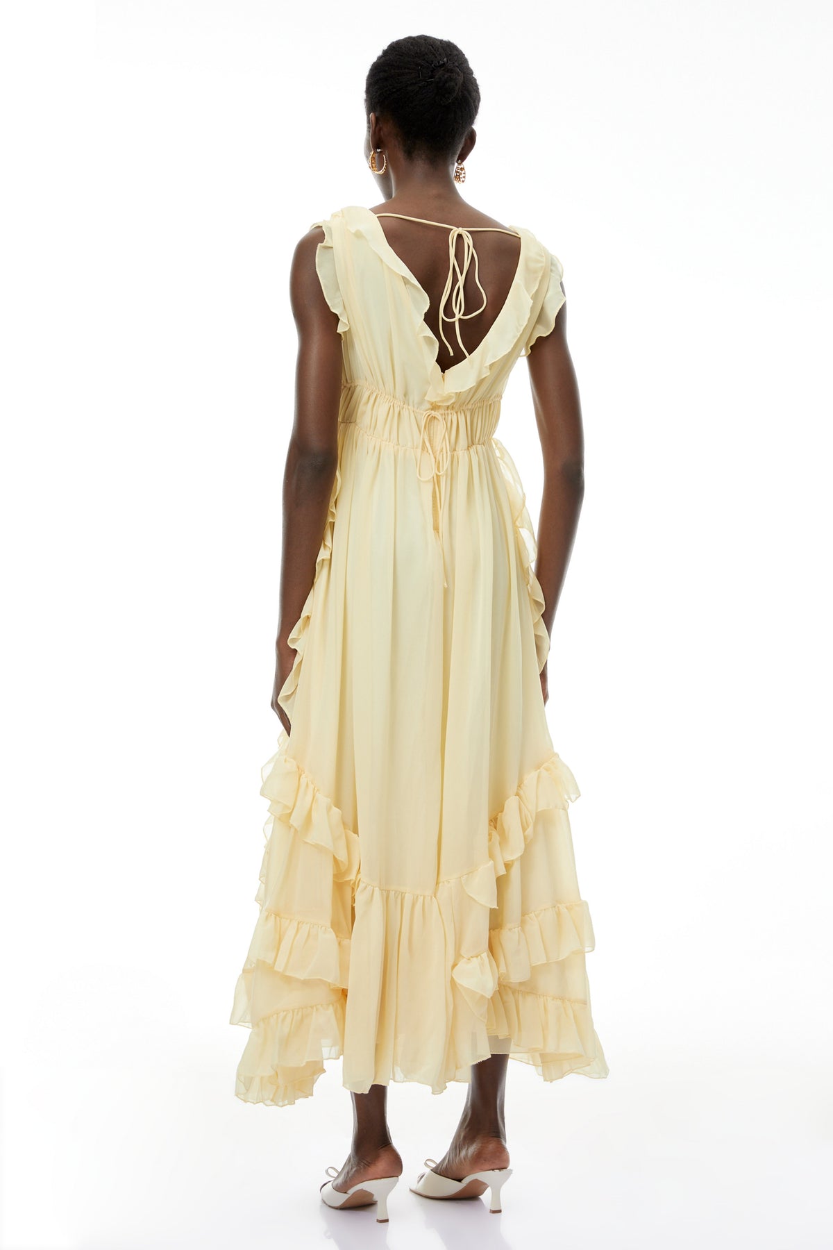Dahlia Yellow Ruffled Maxi Dress with Lace-Up Detail