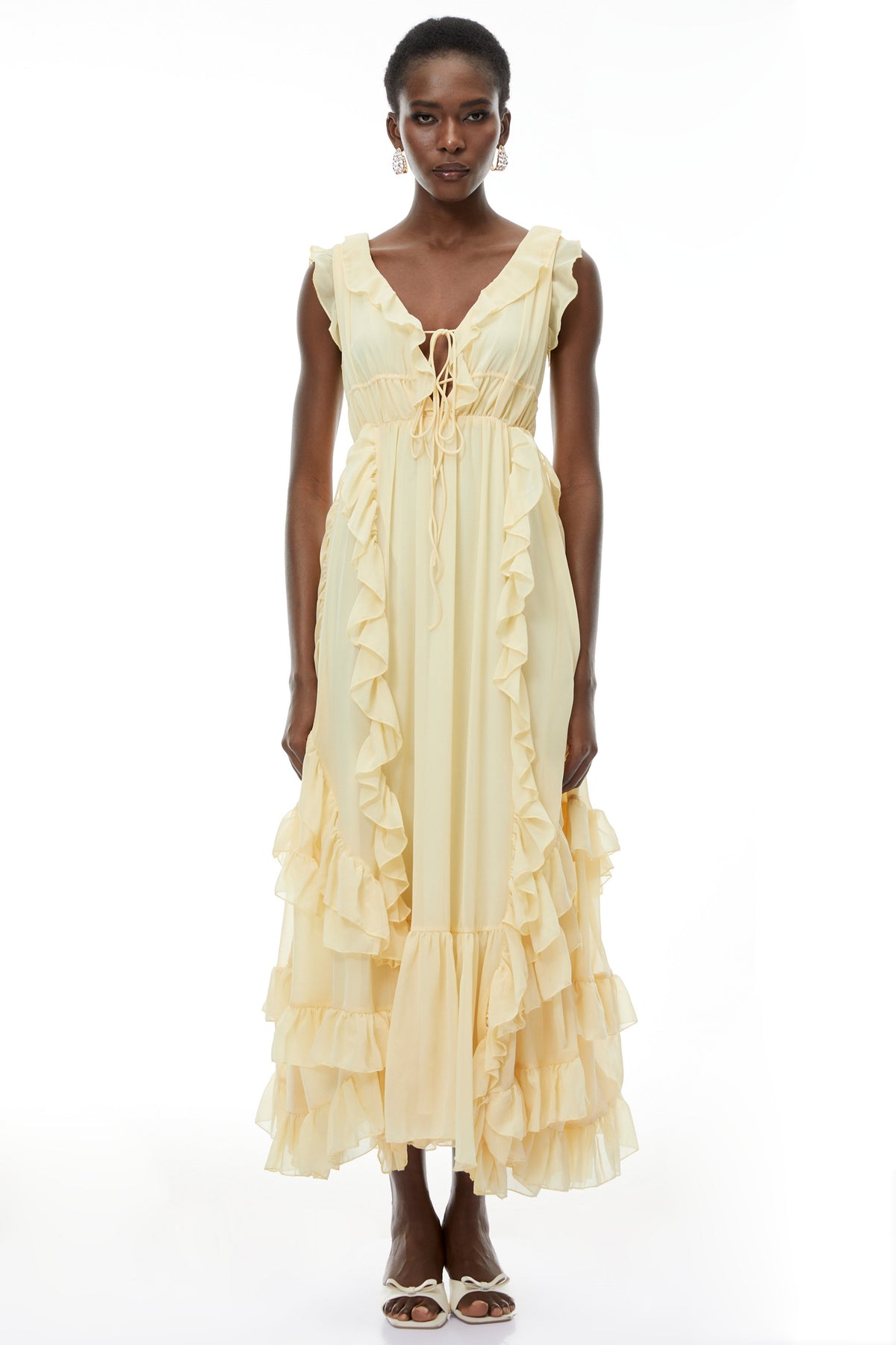 Dahlia Yellow Ruffled Maxi Dress with Lace-Up Detail