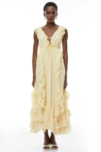 Dahlia Yellow Ruffled Maxi Dress with Lace-Up Detail
