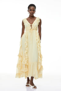 Dahlia Yellow Ruffled Maxi Dress with Lace-Up Detail