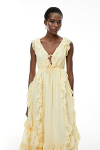 Dahlia Yellow Ruffled Maxi Dress with Lace-Up Detail