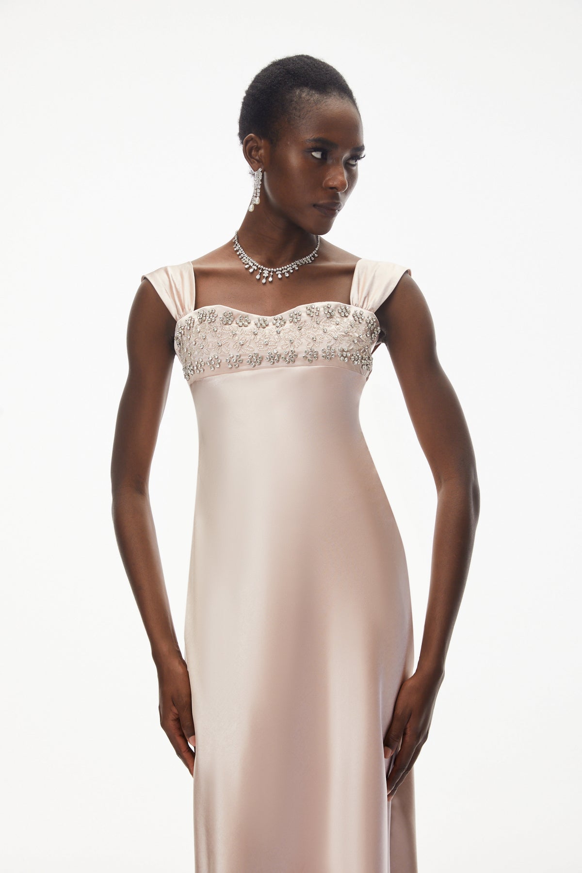 Perrine Blush Pink Embellished Satin Midi Dress