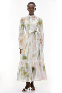 Danae White Floral Print Midi Dress with Lace Trim