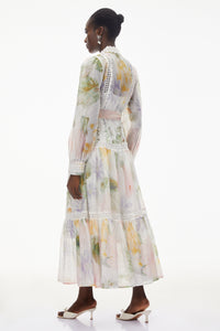 Danae White Floral Print Midi Dress with Lace Trim