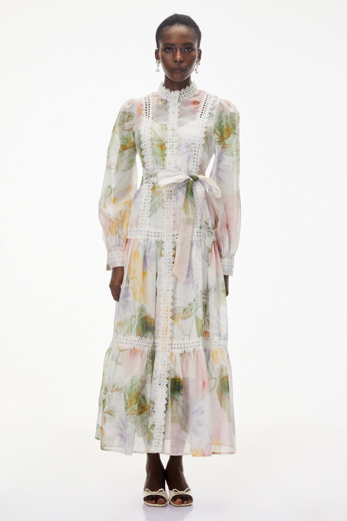 Danae White Floral Print Midi Dress with Lace Trim