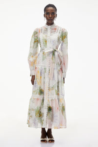 Danae White Floral Print Midi Dress with Lace Trim