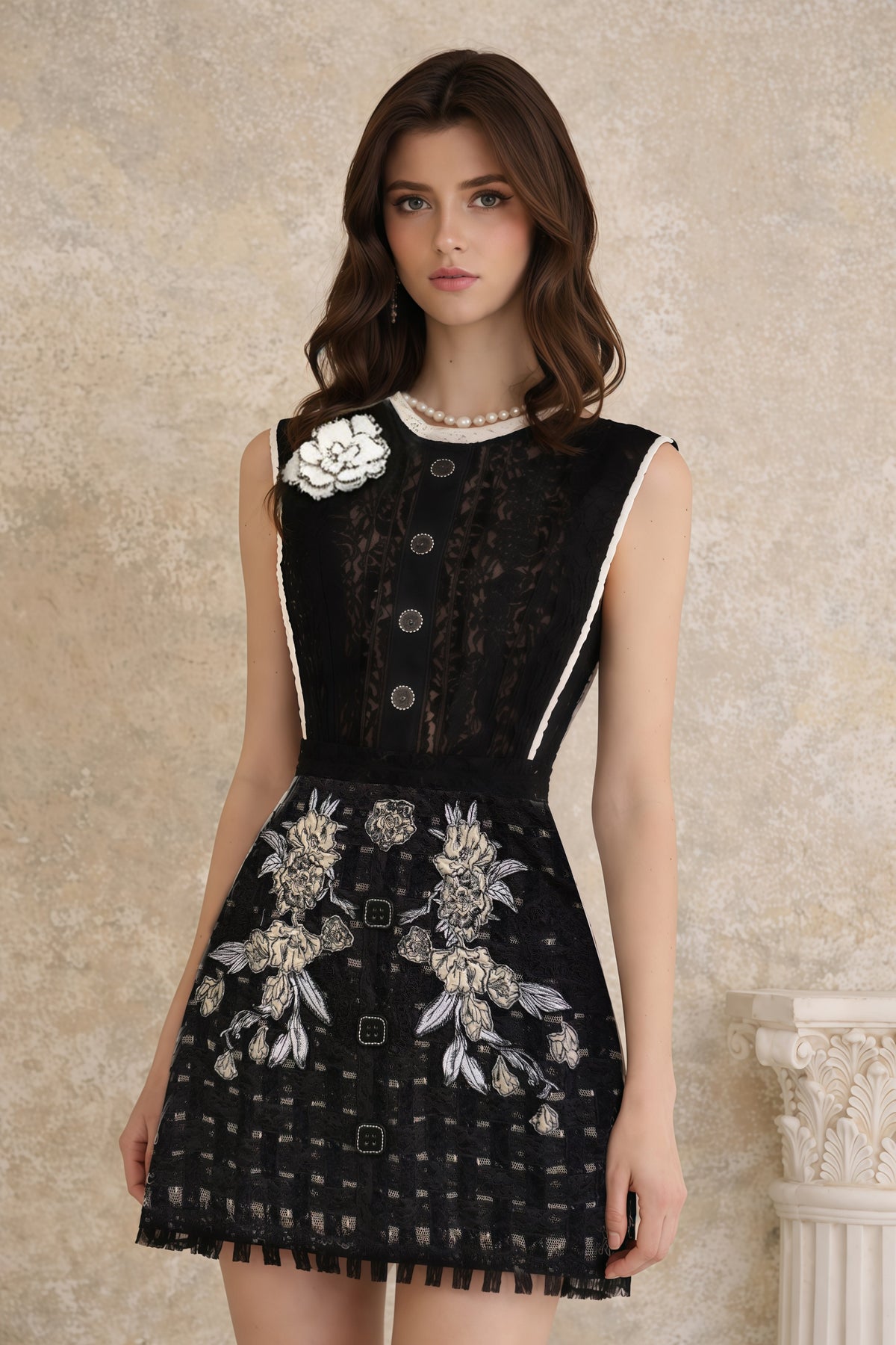Daphné Black Mini Dress with Floral Embroidered