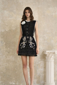 Daphné Black Mini Dress with Floral Embroidered