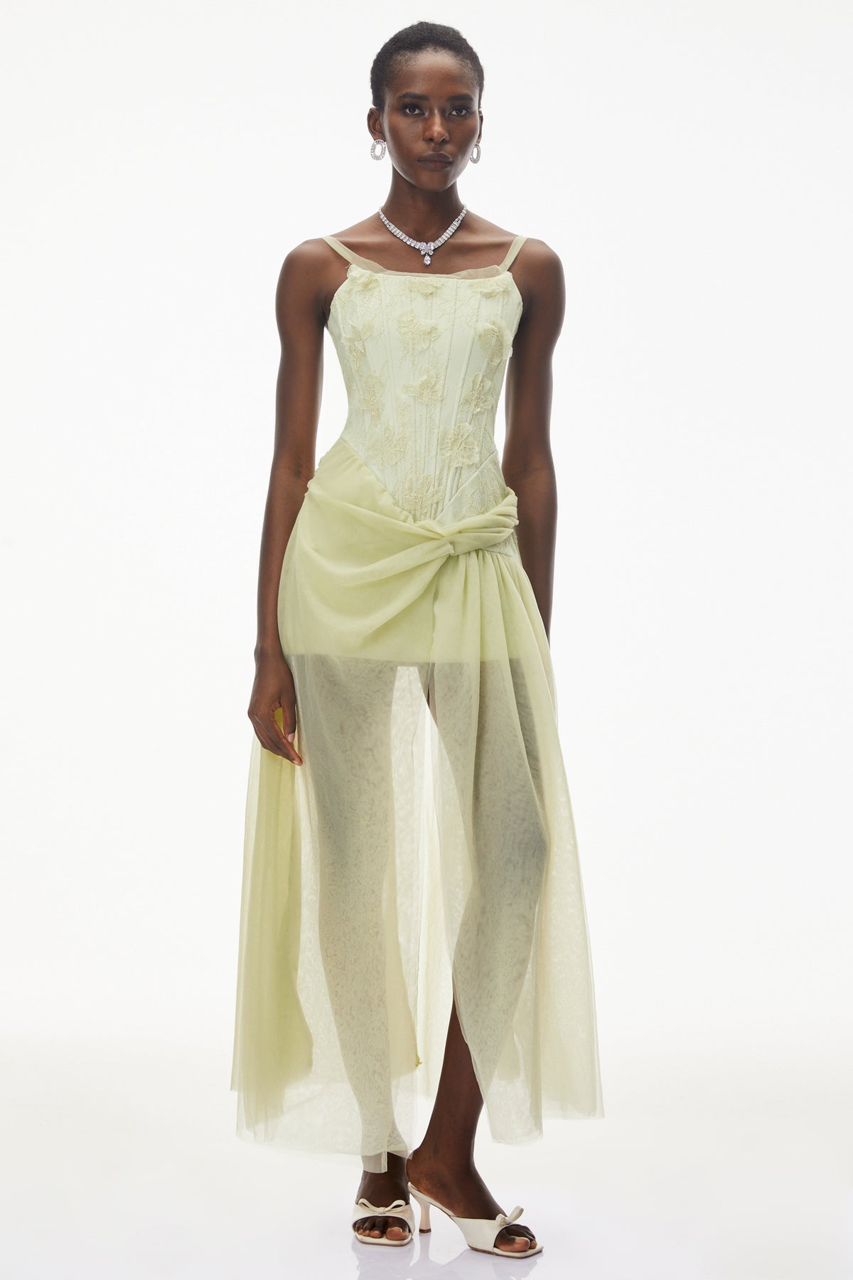 Deirdre Lime Green Ruched Maxi Dress with Slit