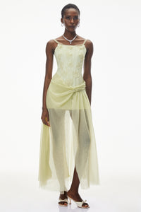 Deirdre Lime Green Ruched Maxi Dress with Slit