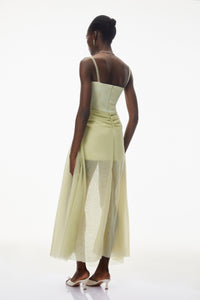 Deirdre Lime Green Ruched Maxi Dress with Slit