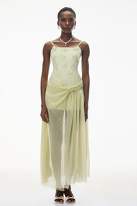Deirdre Lime Green Ruched Maxi Dress with Slit