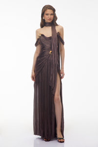 Delphine Chocolate Brown Off Shoulder Ruched Maxi Dress