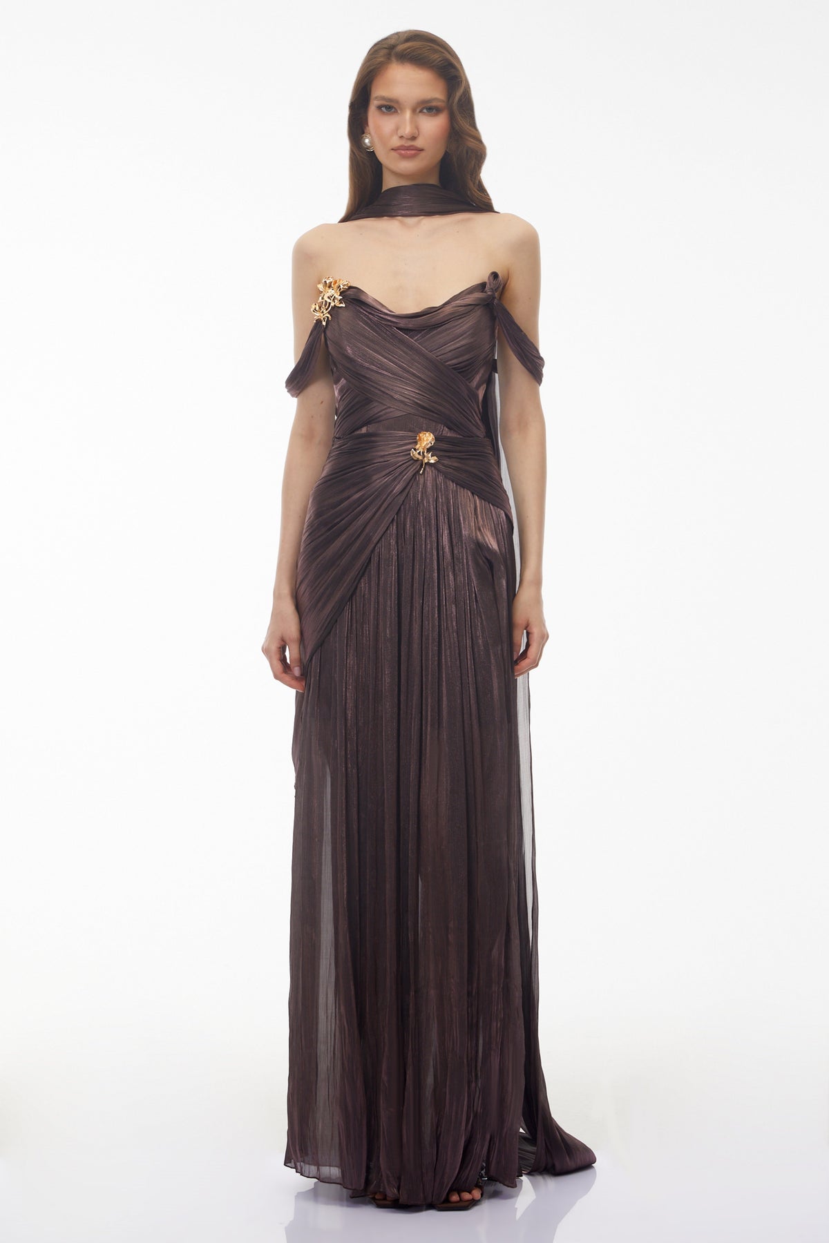 Delphine Chocolate Brown Off Shoulder Ruched Maxi Dress
