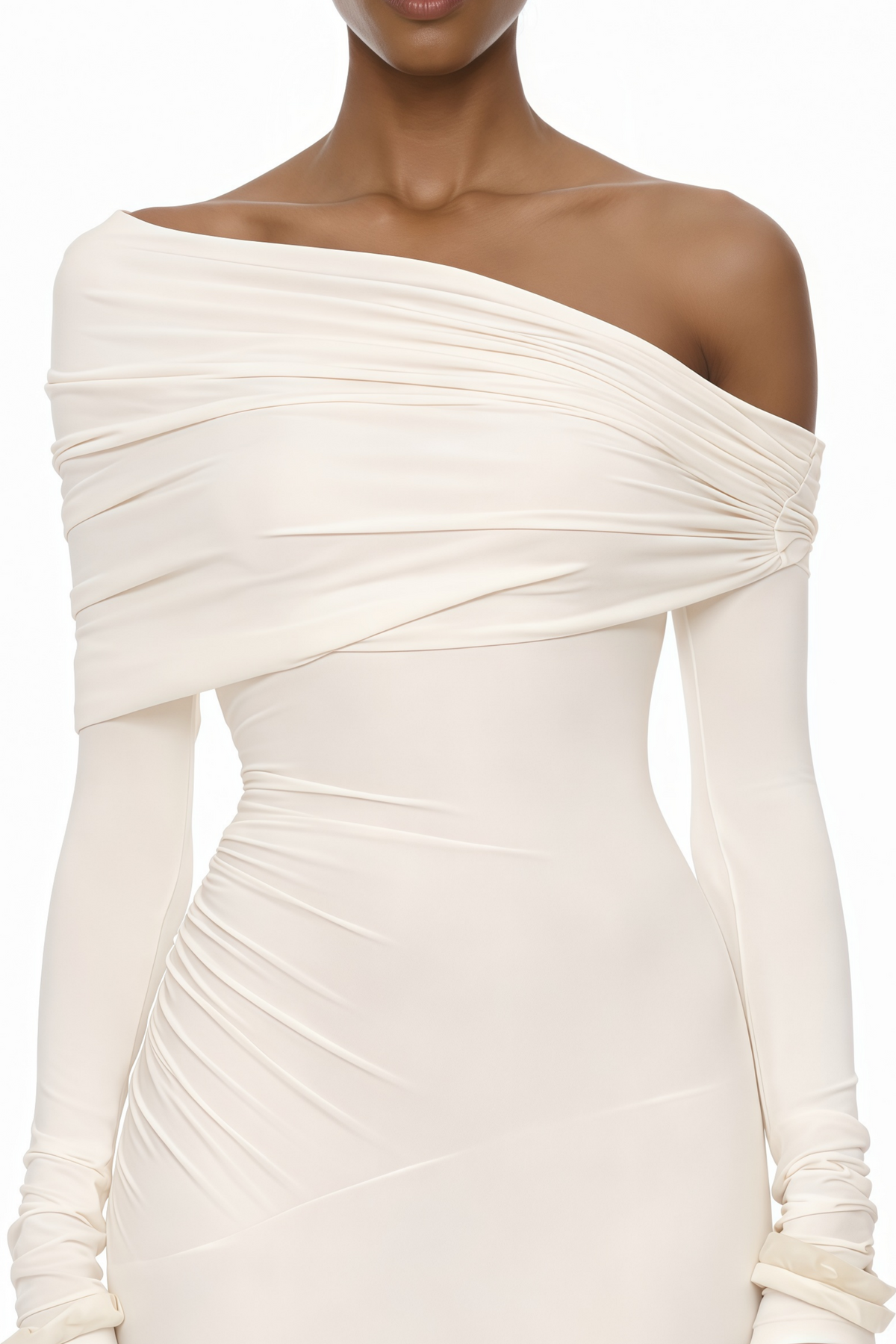 Delphine White Off-Shoulder Ruched Maxi Dress