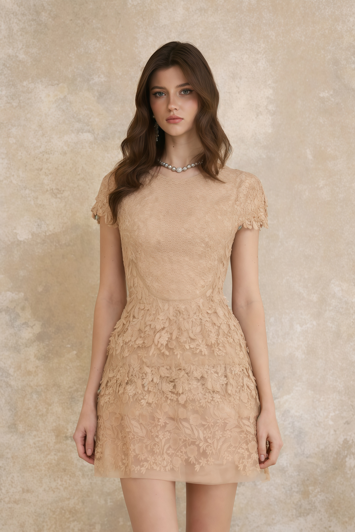 Déotille Neutral Floral Embroidered Tulle Mini Dress