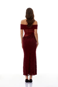 Dianthe Red Lace Panel Mesh Midi Dress