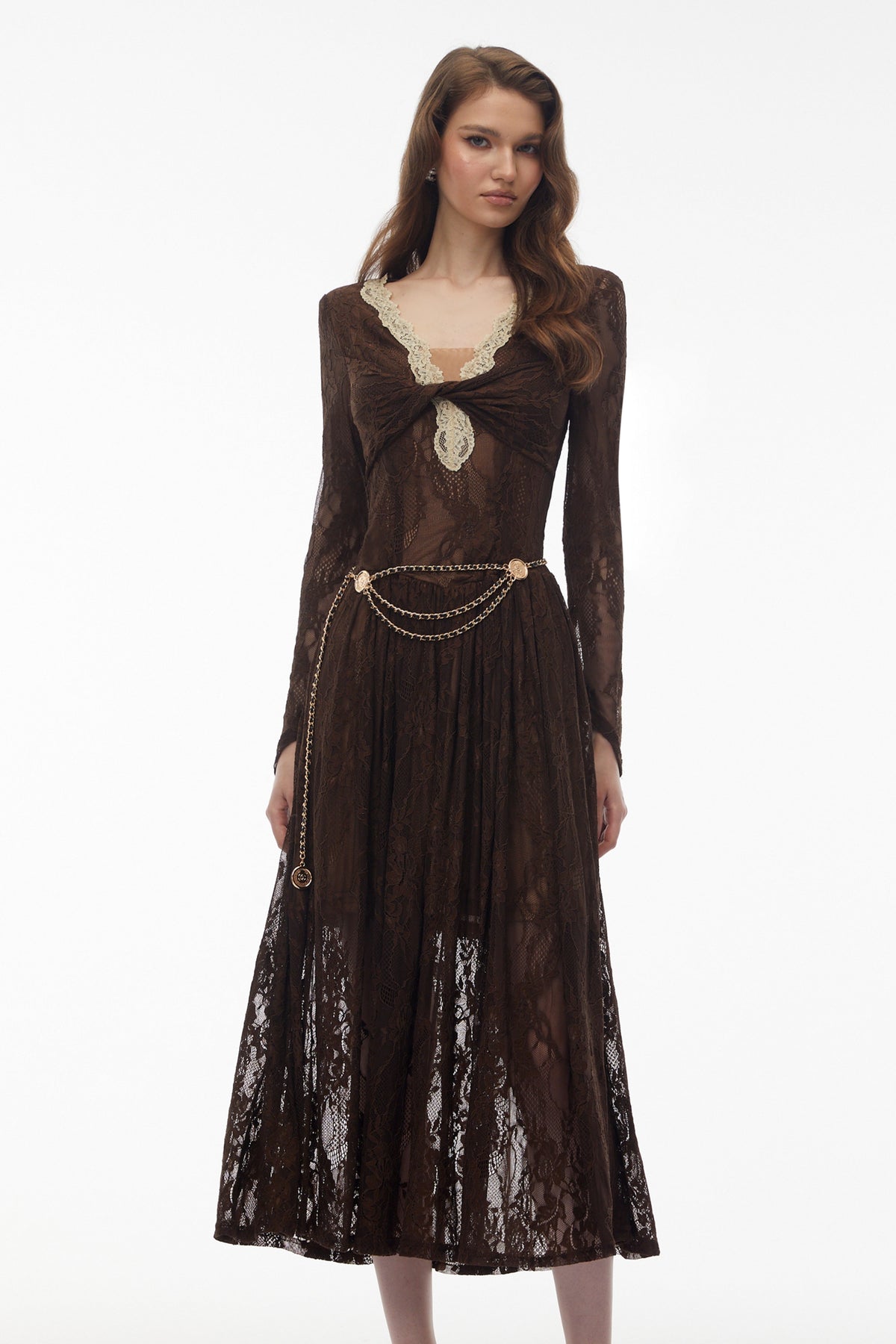 Dione Brown Floral Lace Twist Midi Dress