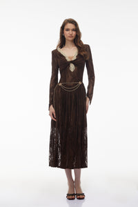 Dione Brown Floral Lace Twist Midi Dress