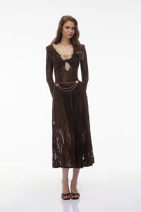 Dione Brown Floral Lace Twist Midi Dress
