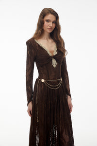 Dione Brown Floral Lace Twist Midi Dress