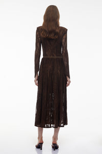 Dione Brown Floral Lace Twist Midi Dress
