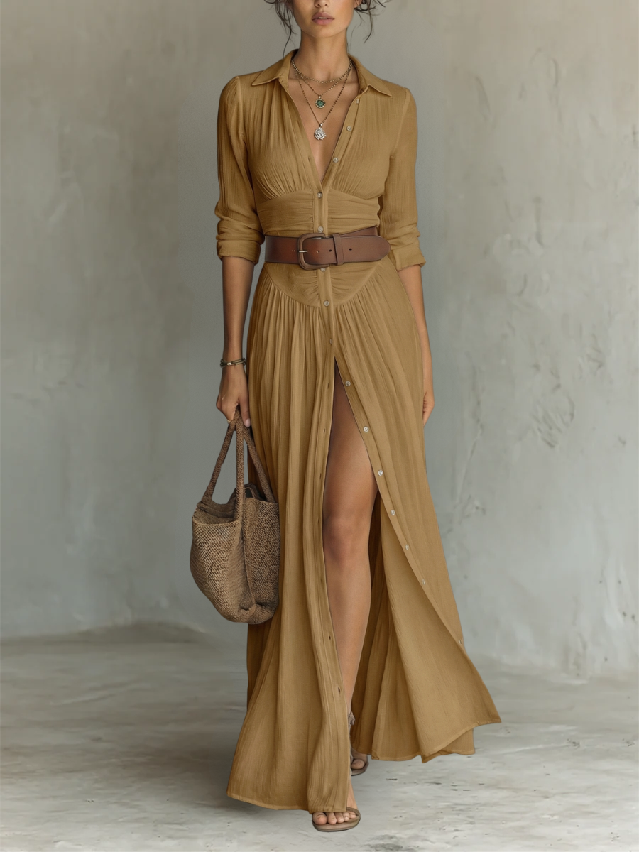 OLIVIA | Women’s Long Maxi Dress with Notched Lapel Collar and Long Sleeves in Linen