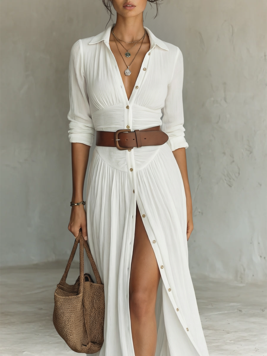 OLIVIA | Women’s Long Maxi Dress with Notched Lapel Collar and Long Sleeves in Linen