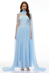 Dobromila Blue Floral Embroidered Pleated Maxi Dress