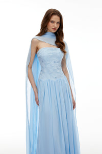 Dobromila Blue Floral Embroidered Pleated Maxi Dress