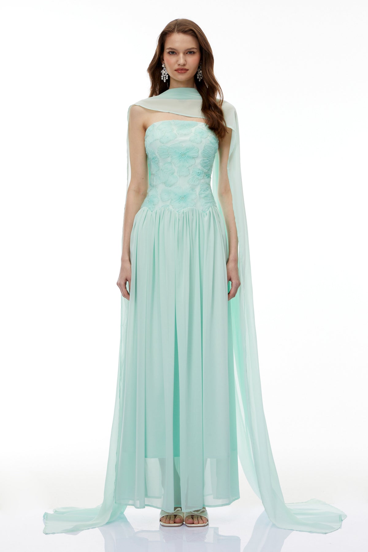 Dobromila Green Floral Embroidered Pleated Maxi Dress