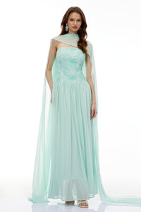 Dobromila Green Floral Embroidered Pleated Maxi Dress