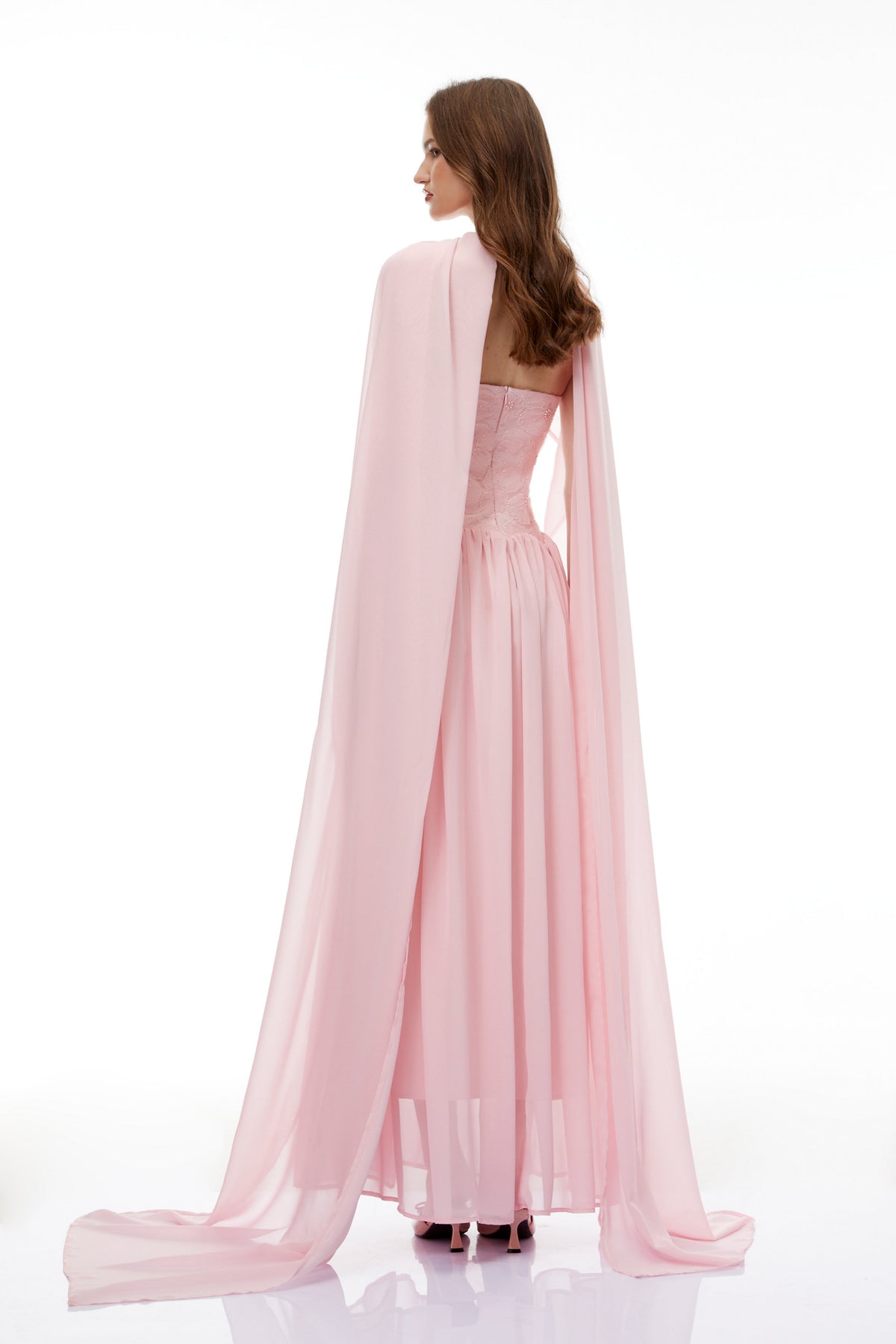 Dobromila Pink Floral Embroidered Pleated Maxi Dress