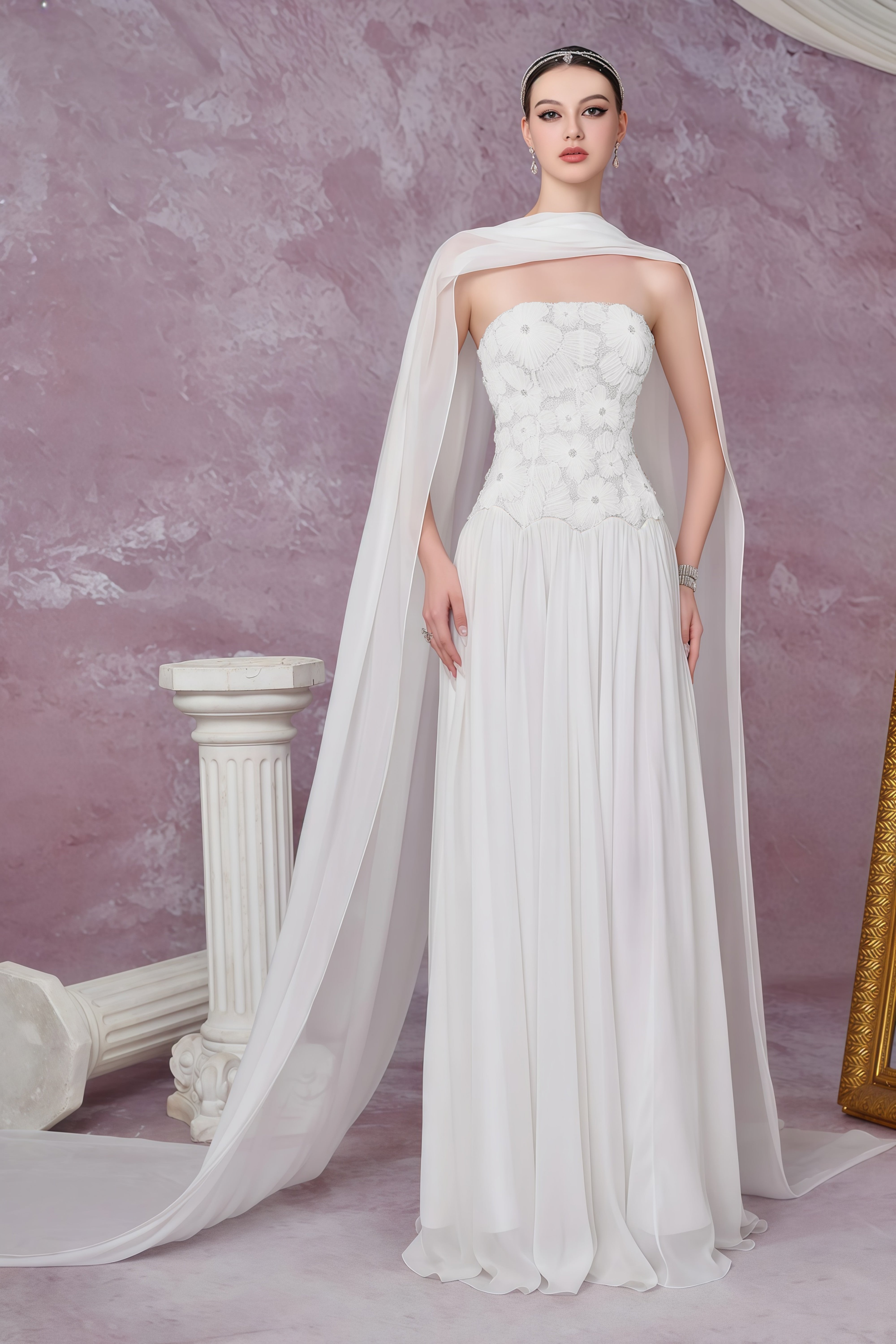 Dobromila White Floral Embroidered Pleated Maxi Dress