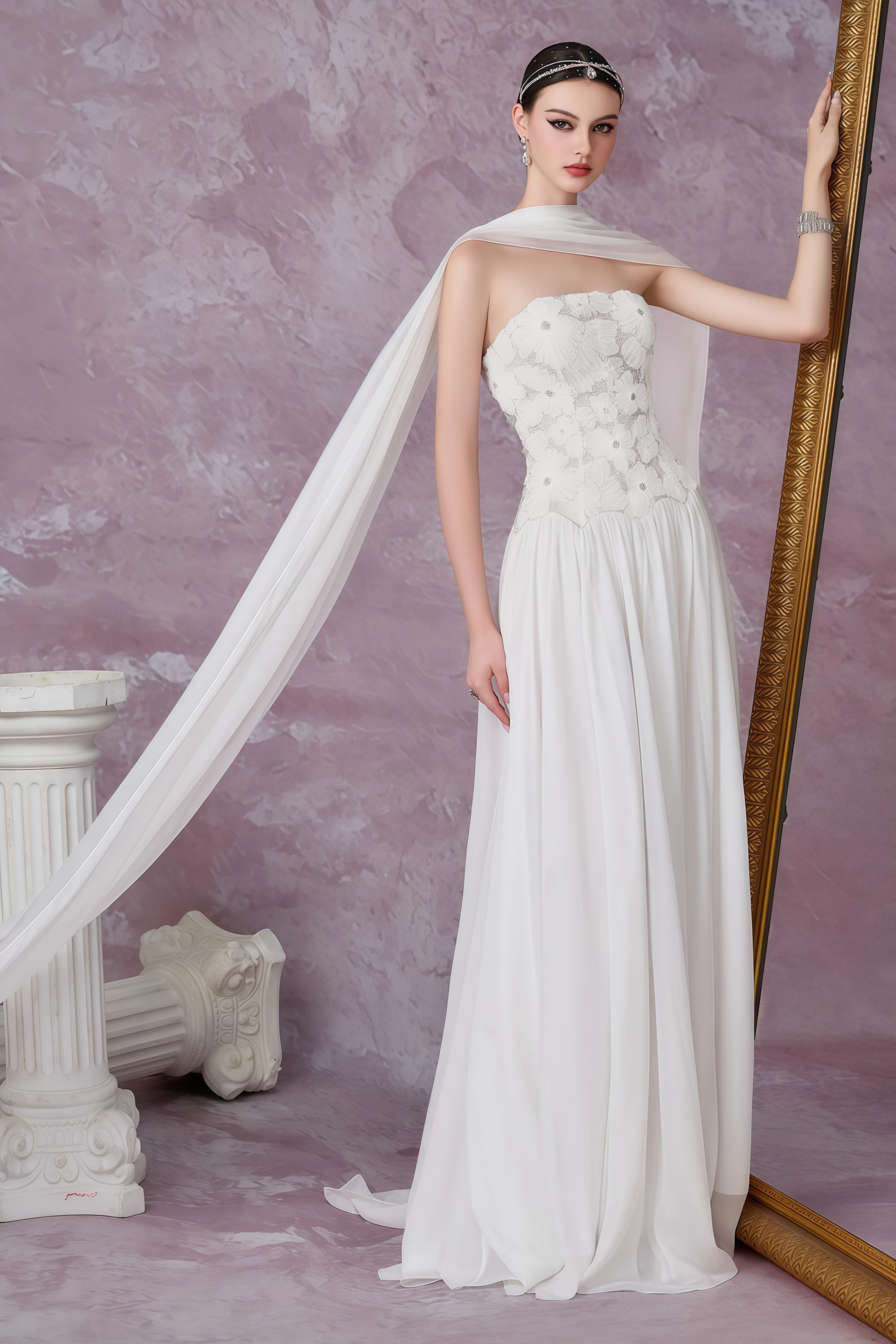 Dobromila White Floral Embroidered Pleated Maxi Dress