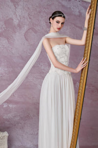 Dobromila White Floral Embroidered Pleated Maxi Dress