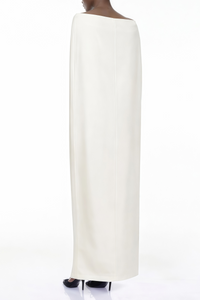 Dominique White Asymmetrical Cape Maxi Dress