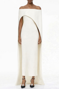 Dominique White Asymmetrical Cape Maxi Dress