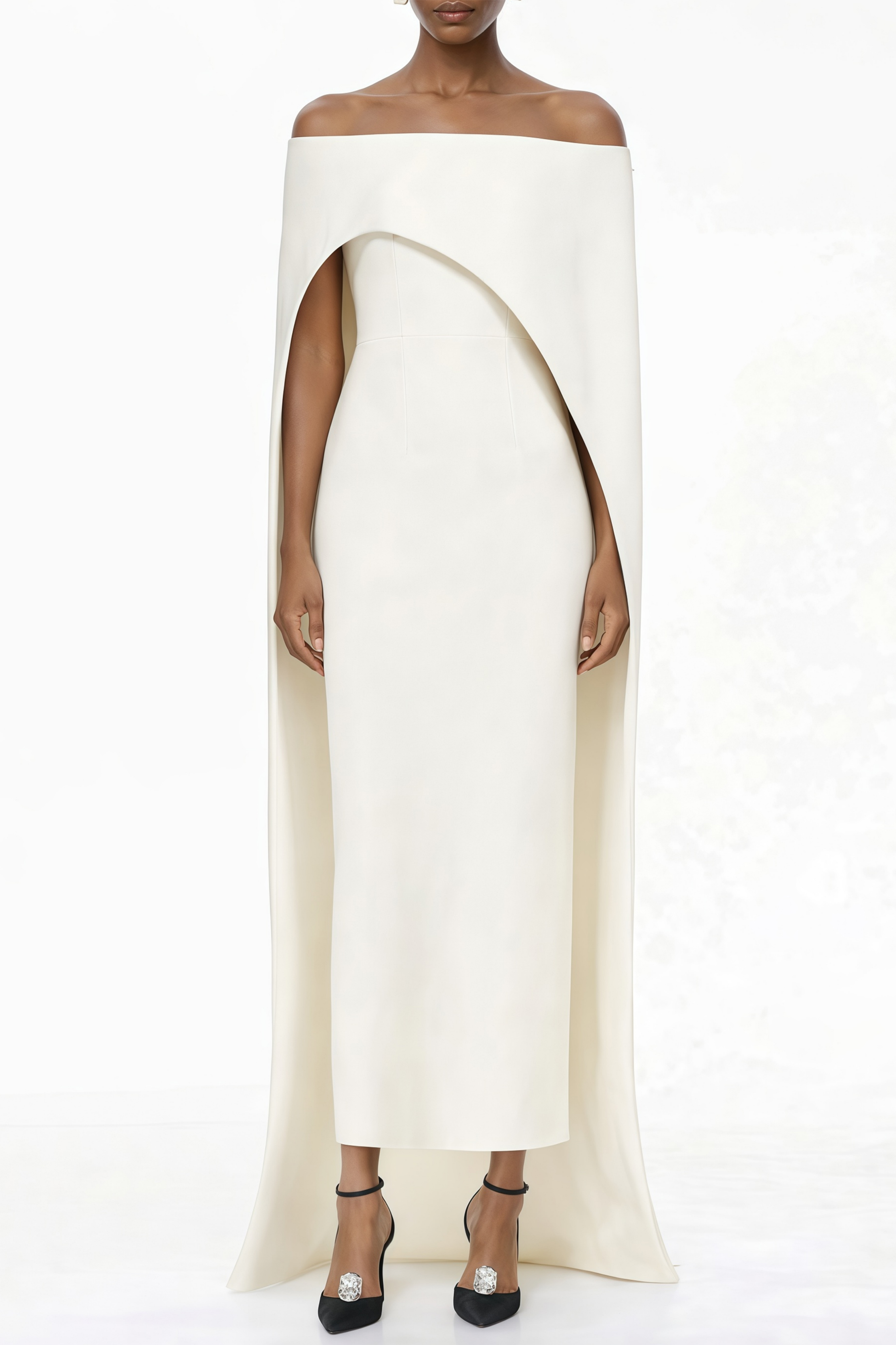 Dominique White Asymmetrical Cape Maxi Dress