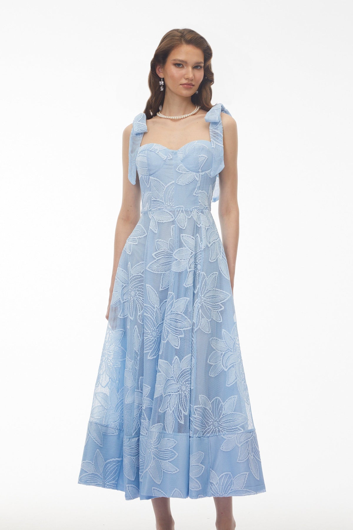 Doris Blue Sweetheart Floral Embroidered Maxi Dress
