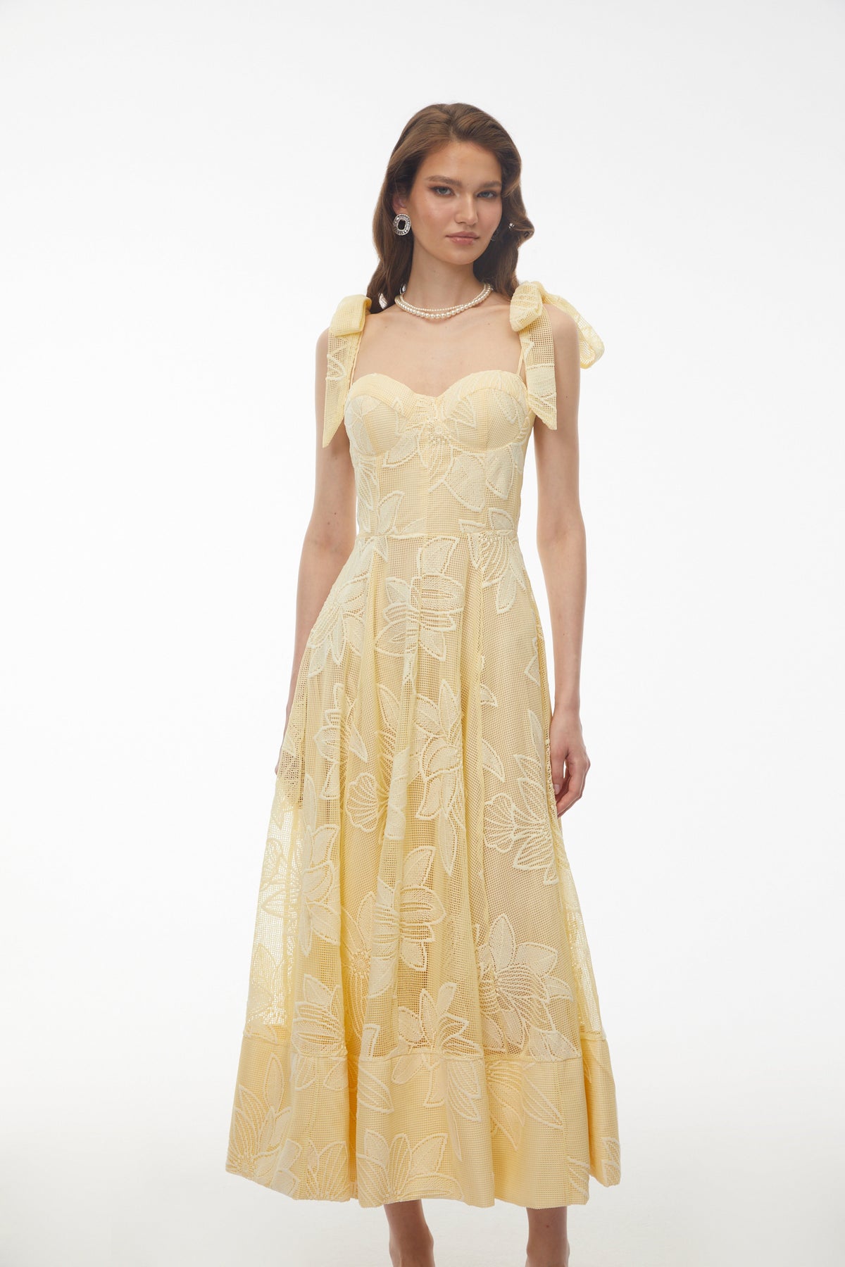 Doris Butter Yellow Sweetheart Floral Embroidered Maxi Dress