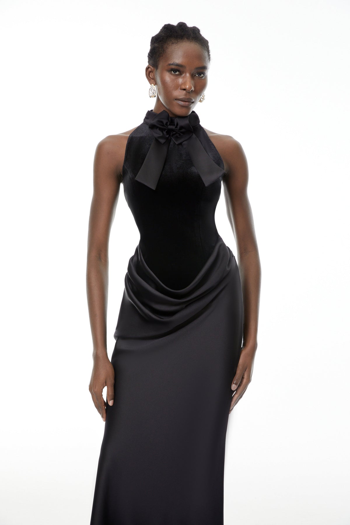 Ecaterina Black Bow Detail Corset Maxi Dress