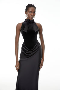 Ecaterina Black Bow Detail Corset Maxi Dress