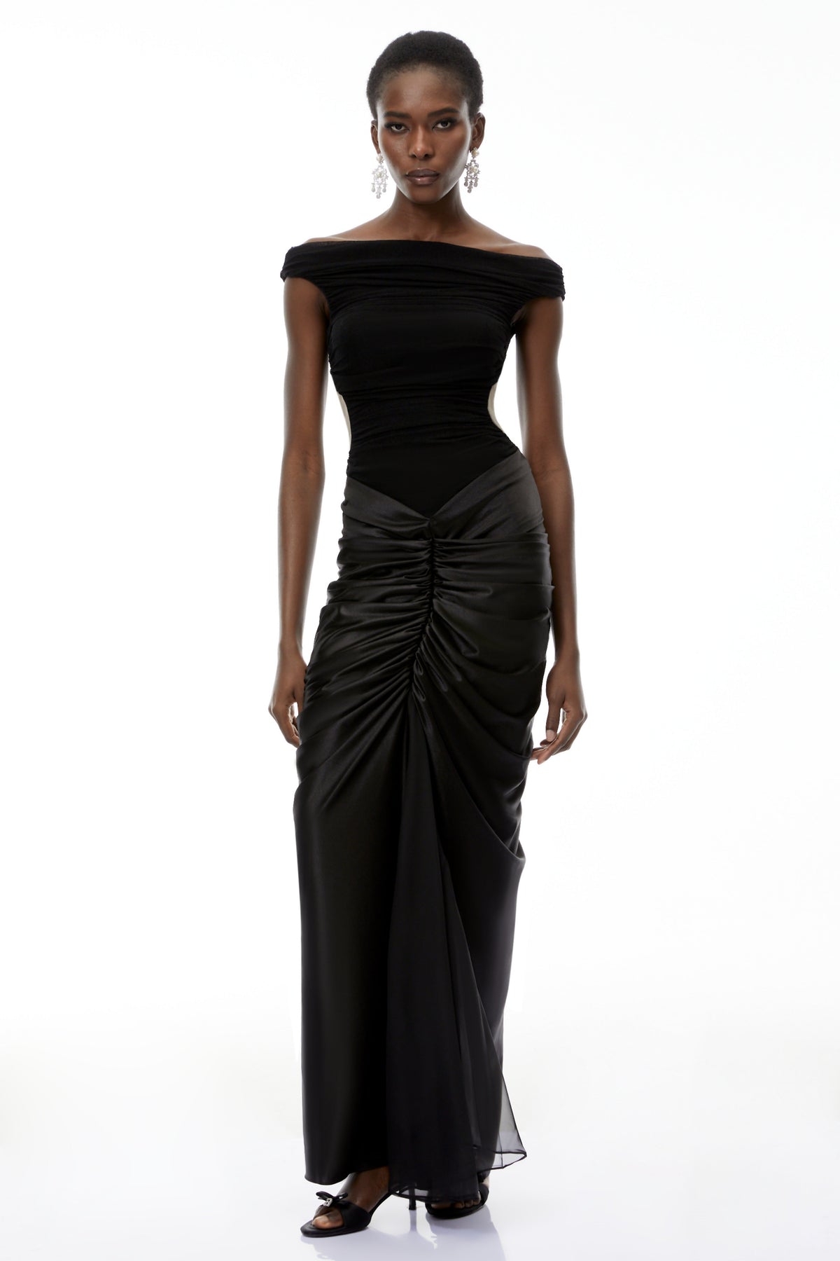 Eden Black Off-Shoulder Ruched Maxi Dress