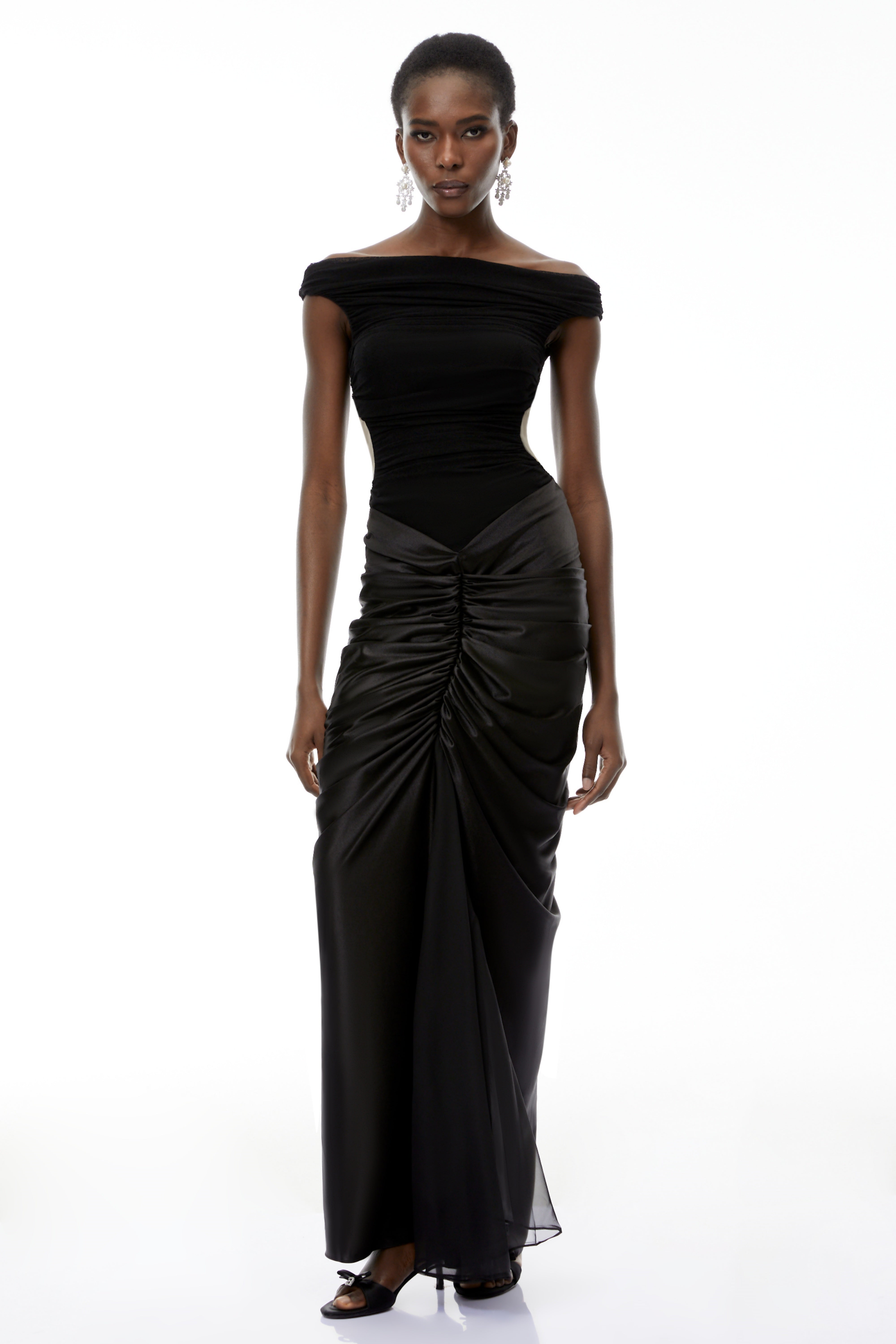 Eden Black Off-Shoulder Ruched Maxi Dress