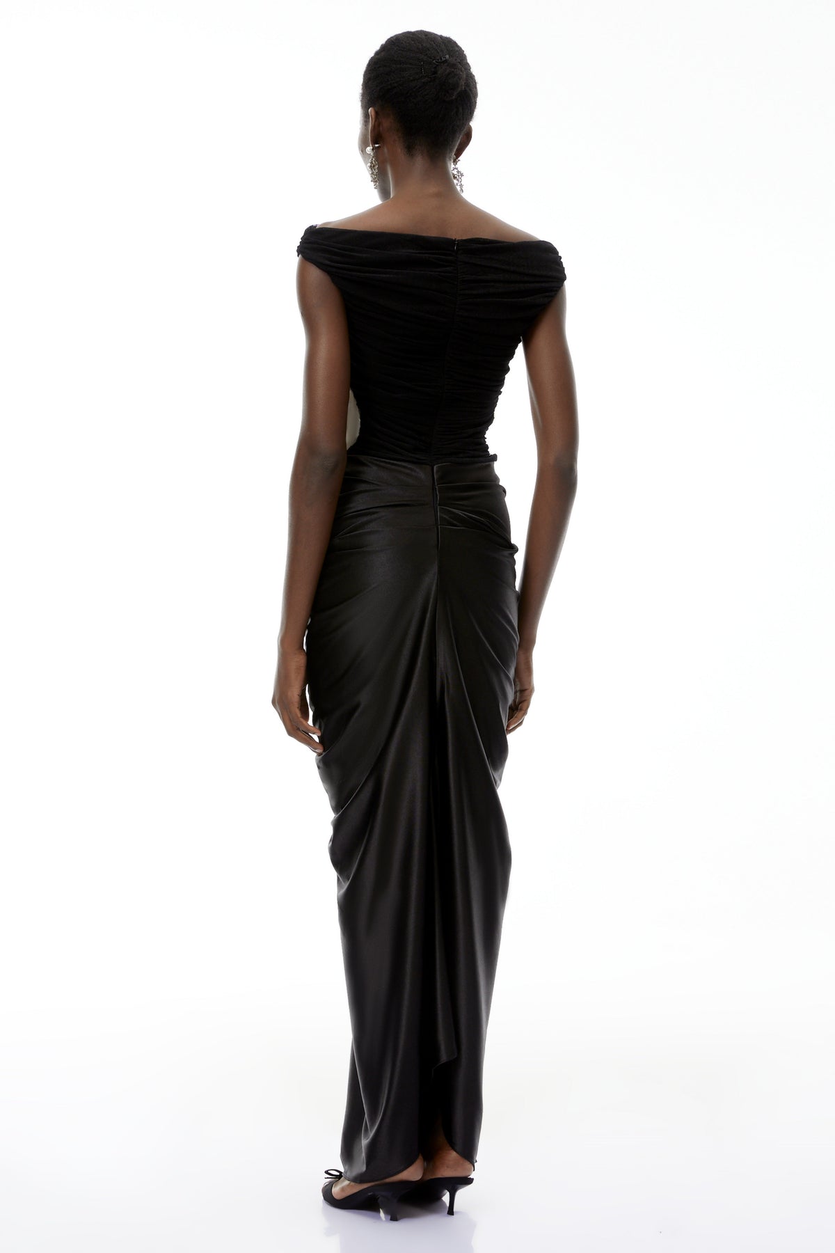 Eden Black Off-Shoulder Ruched Maxi Dress
