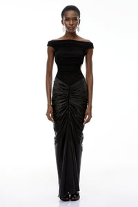 Eden Black Off-Shoulder Ruched Maxi Dress